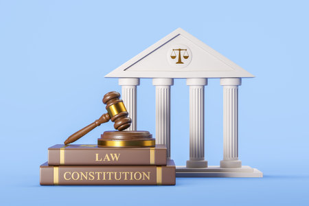 Wooden gavel on podium, law and constitution books, courthouse on blue background. Concept of...