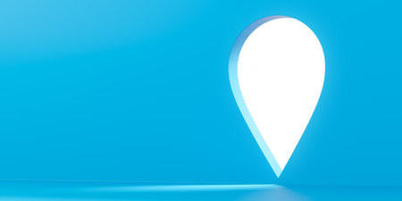 Large geo tag hole, empty location mark with copy space blue wide format background. Concept of travel, destination, delivery, navigation and location. 3D rendering illustrationの写真素材