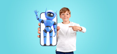 Smiling child finger point at AI chat bot in copy space phone screen, communication and machine...