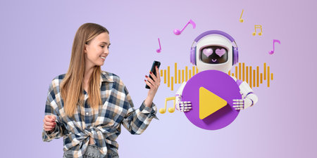 Smiling woman looking at smartphone in hand. Robot holding a play button, audio wave with notes....