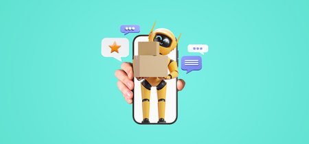Man hand showing mock up phone display, smiling robot with a parcel. Speech bubbles with messages...