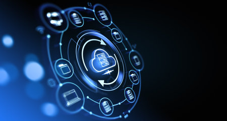 Cloud service for information storage and transfer hologram hud, dark background. Online database. Concept of big data processing, backup and synchronization. 3D rendering illustrationの写真素材