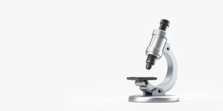 Cartoon metal microscope on empty copy space white background. Concept of science and medicine, research, equipment and technology. 3D rendering illustrationの写真素材