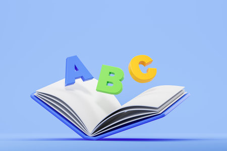 Opened book with colorful abc on light blue background. Concept of reading, electronic books, education and elementary school. 3D rendering illustrationの写真素材