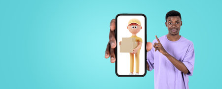 African man in a purple shirt pointing at a phone screen showing a delivery worker illustration, against a blue background, concept of delivery servicesの写真素材