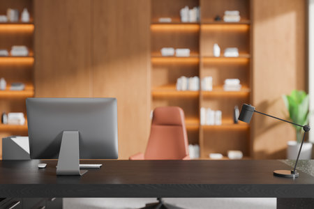 Director's room interior with pc computer on desk, closeup. Blurred armchair and shelf with decoration. Stylish CEO workspace with minimalist furniture. 3D renderingの写真素材