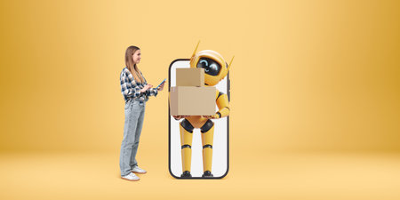 Woman using device full length looking at smiling robot with a parcel, mock up phone display on colored background. Concept of AI, logistics, online shopping and robot deliveryの写真素材
