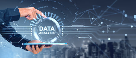 Man using tablet and finger touch data analysis glowing circle hud, double exposure blurred skyline....
