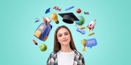 Young woman smiling with floating educational icons around her head on a blue background. Concept of education and learningの写真素材
