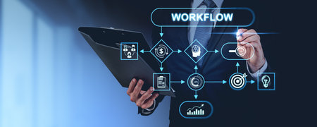 Businessman with clipboard in hand, pen touch virtual workflow chart, block diagram with icons and...