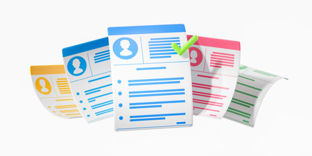 Multiple colorful CV documents arranged in a row with a green check mark on one, on a white background. Concept of recruitment and hiring. 3D Renderingの写真素材