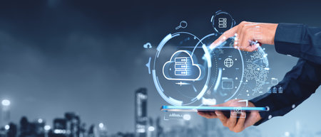 Businessman using table and finger touch cloud service, information storage and transfer hologram...