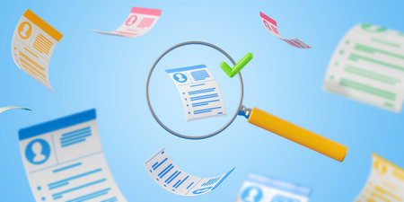 Magnifying glass and flying resume with personal information, blue background. Concept of job search, candidate, vacancy and headhunting. 3D rendering illustrationの写真素材