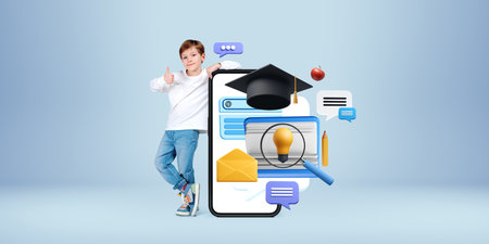 Young student standing next to a smartphone screen showing various online education icons on a light blue background. Concept of modern elearningの写真素材