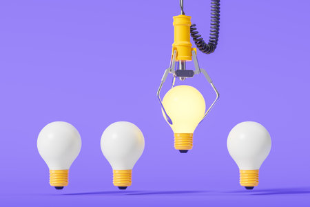 Claw machine selecting a glowing light bulb among three unlit ones, on a purple background. Concept of new ideas or startup innovation. 3D Renderingの写真素材