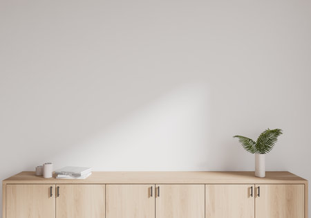 Modern home living room interior with wooden drawer and decoration, closeup. Minimalist art decoration and empty space. Mock up product display or promotion. 3D renderingの写真素材