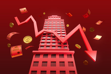 Falling red graph arrow line with coins and stock falling, bank city building. Concept of financial crisis, bankruptcy and recession. 3D rendering illustrationの写真素材