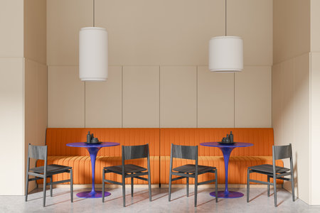 Stylish colored cafeteria interior with chairs and round tables with dishes, orange sofa on concrete floor. Minimalist cafe eating zone with modern furniture. 3D renderingの写真素材