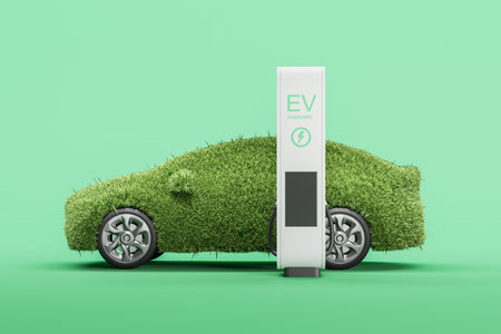 A car covered in grass, parked at an EV charging station. Clean energy concept on a green background. 3D renderingの写真素材