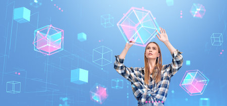 Concentrated woman portrait, hands touching cyber blocks. Double exposure with digital spheres...