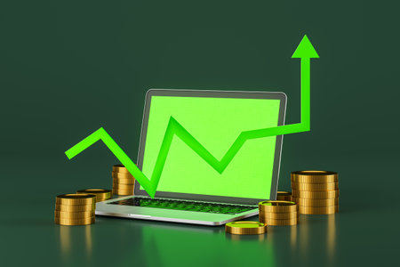 Rising green arrow and stacks of coins, mockup empty laptop display. Concept of financial success, online trading, website and investment. 3D rendering illustrationの写真素材