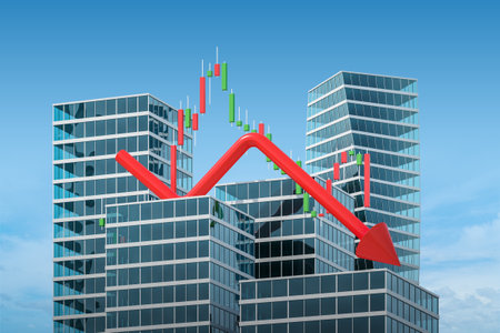Falling red graph arrow line with candlesticks dynamics, city building on sky background. Concept of...