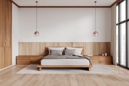 Modern bedroom with wooden furniture and large windows, featuring a cozy bed and minimal decor. Interior design concept. 3D Renderingの写真素材