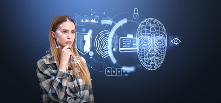 Serious woman portrait, digital biometric scanning and security virtual screen. Face detection and encrypted personal information. Concept of face id and verificationの写真素材