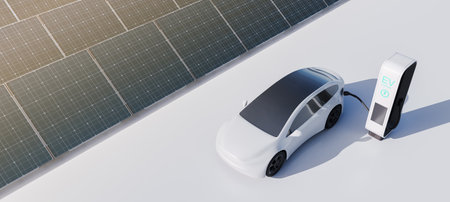 Top view of futuristic electric car with EV station, row of solar panels. Concept of hybrid power, renewable sources, alternative fuel and future charging. 3D rendering illustrationの写真素材