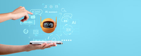Woman hands with smartphone, finger touch AI bot conversation. Creative services generates images,...