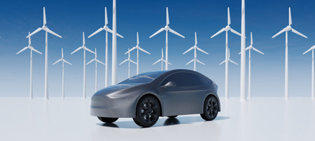 An electric car in the foreground with multiple wind turbines in the background on a clear blue sky...
