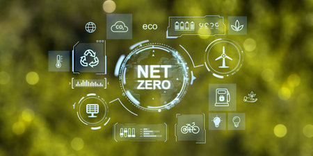 Earth sphere hologram and glowing net zero hud, diverse glowing ecological icons on blurred background. Concept of eco world, carbon emissions and energyの写真素材