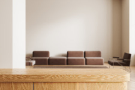 Empty wooden table on background of blurred cozy living room interior, sofa and armchair near panoramic window. Mockup copy space for product display. 3D renderingの写真素材