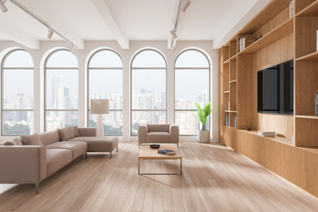 Bright modern living room featuring large arched windows with city views, a cozy beige sofa, wooden shelves, and a coffee table on a wooden floor. 3D Renderingの写真素材