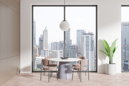 Light home living room interior with round dining table and beige chairs, hardwood floor. Dining or meeting space with plant. Panoramic window on Bangkok skyscrapers. 3D renderingの写真素材