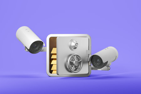 A safe filled with gold bars and equipped with two security cameras. It is set against a purple background, representing the concept of security and protection. 3D Renderingの写真素材