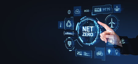 Hand pointing at a futuristic digital interface displaying Net Zero with various eco-friendly icons...