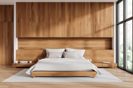 A modern minimalist bedroom with wooden paneling, white bedding, and large windows. The space is well-lit with natural light. Concept of contemporary interior design. 3D Renderingの写真素材