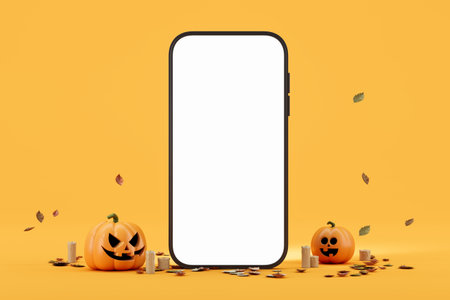 Smartphone with blank screen mockup, flanked by Jack-o'-lanterns and candles on an orange background. Autumn leaves scattered. Concept of Halloween. 3D Rendering.の写真素材