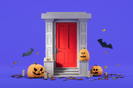 Halloween-themed doorway with red door, pumpkins, candles, leaves, and bat cutouts on purple background. Concept of Halloween decoration. 3D Renderingの写真素材