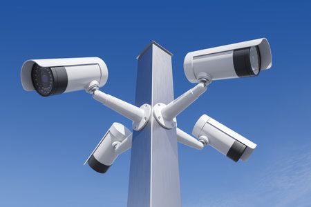 CCTV security cameras pillar, sky background. Four video equipment system for area control. Concept of surveillance, safety and monitoring. 3D rendering illustrationの写真素材