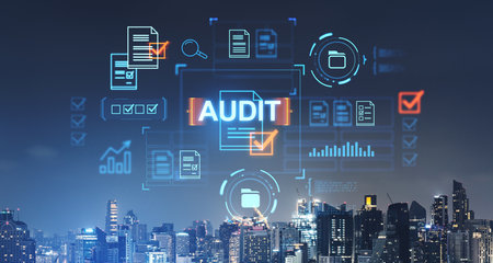 Bangkok night city skyscrapers, audit and office documents hologram icons. Concept of business data analysis, quality control, evaluation process, report analysis and certificationの写真素材