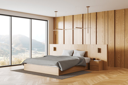 Corner view of hotel bedroom interior with bed and nightstand with decoration, hardwood floor. Sleeping room with accent wall. Studio apartment with panoramic window. 3D renderingの写真素材