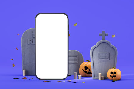 Smartphone with blank screen mockup, surrounded by tombstones and pumpkins, on a blue background. Concept of Halloween-themed digital marketing. 3D Renderingの写真素材