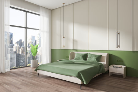 Corner view of green home bedroom interior with bed, nightstand with decoration on hardwood floor. Sleep room with plant and panoramic window on New York skyscrapers. 3D renderingの写真素材