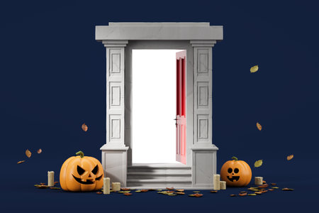 Halloween-themed entrance with a red door, white marble frame, jack-o'-lanterns, candles, and fallen leaves on a dark blue background. Concept of Halloween decor. 3D Renderingの写真素材
