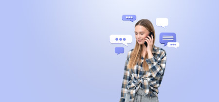 A woman in a checkered shirt is talking on a mobile phone with various speech bubbles around her. The background is blue, creating a social network and communication conceptの写真素材