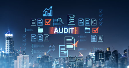 Bangkok night city skyscrapers, audit and office documents hologram icons. Concept of business data analysis, quality control, evaluation process, report analysis and certificationの写真素材