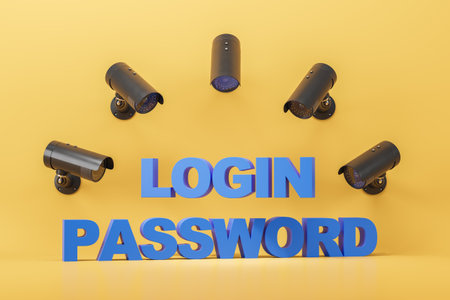 Row of CCTV security cameras with login and password, security data and video storage. Concept of surveillance and monitoring. 3D rendering illustrationの写真素材