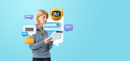 Concentrated woman portrait with tablet, chat bot icon with web page screen and speech bubbles....